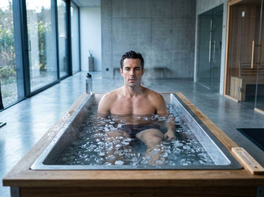 Hombre deportista sumergido en un baño de hielo o cold plunge con cubitos de hielo, ilustrando la inmersión en agua fría para la recuperación