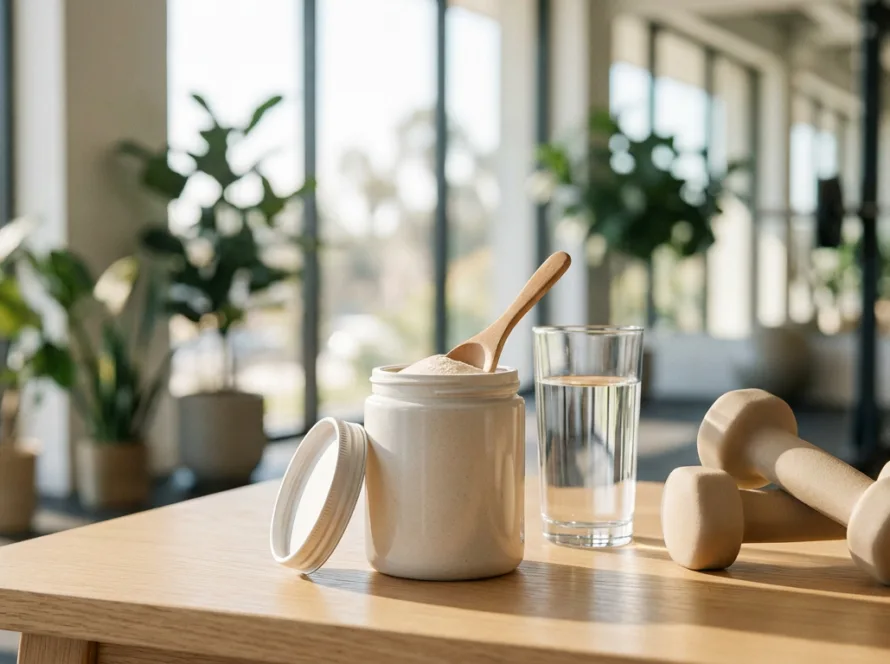 Colágeno para tendones: bote de colágeno en polvo junto a mancuernas en un gimnasio