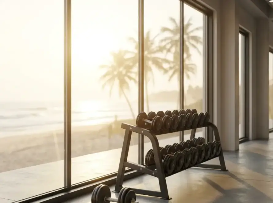 Desentrenamiento en vacaciones: rack de mancuernas vacío en un gimnasio con una playa de verano al fondo tras la ventana