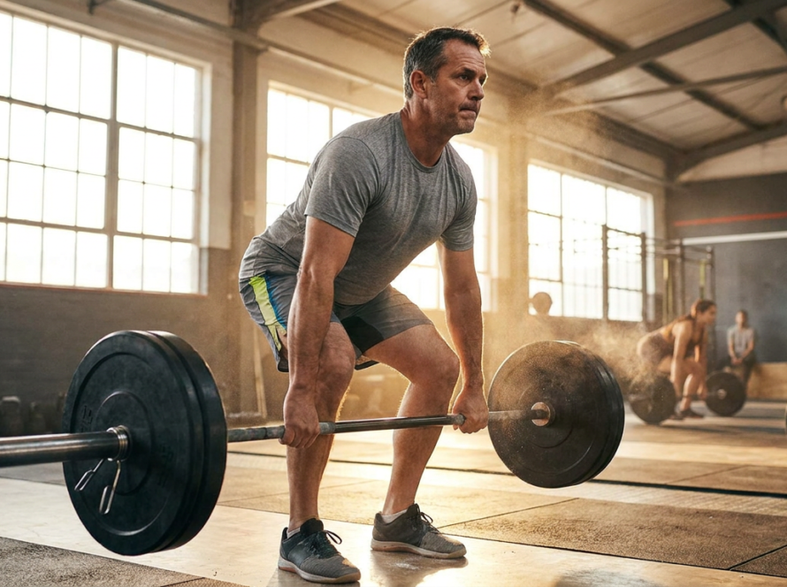 Persona entrenando fuerza con barra en el gimnasio, controlando la repetición para decidir si entrenar al fallo