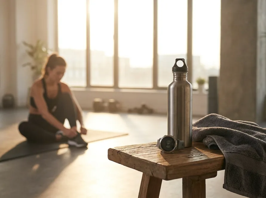 Entrenar en ayunas: botella de agua y reloj sobre un banco de gimnasio a primera hora, con un deportista atándose las zapatillas antes de desayunar