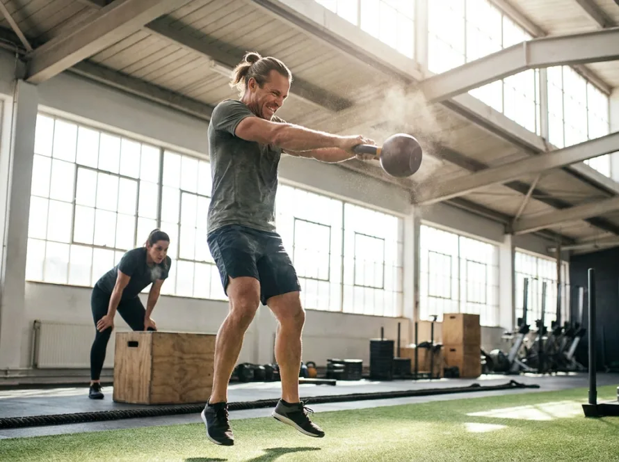Persona entrenando HIIT con kettlebell en un gimnasio funcional luminoso