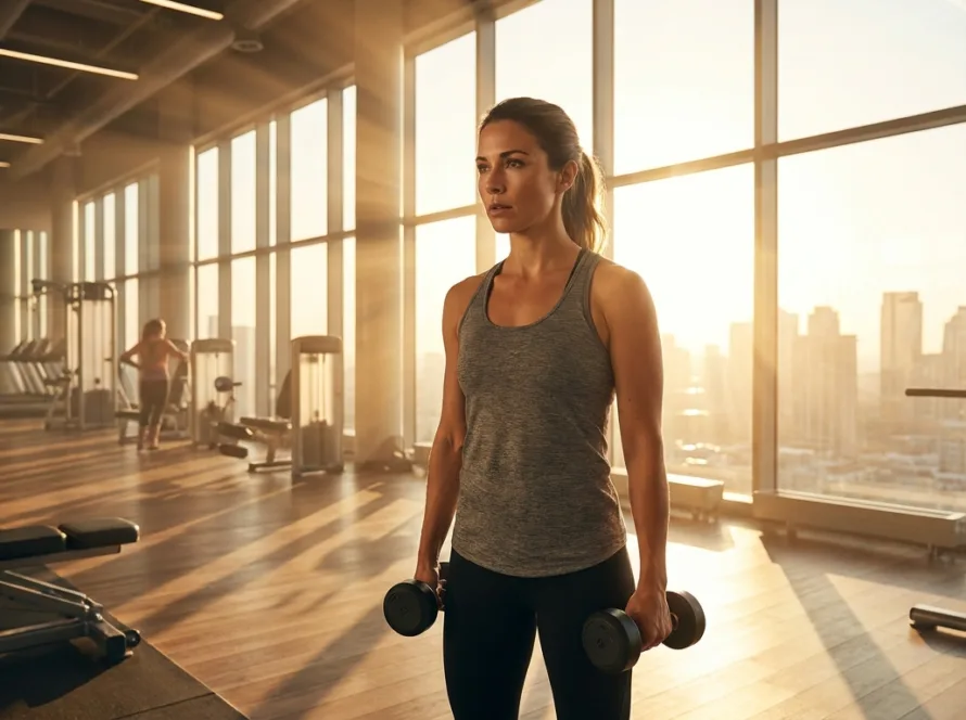 Mujer entrenando al amanecer en un gimnasio, la mejor hora para entrenar según la ciencia