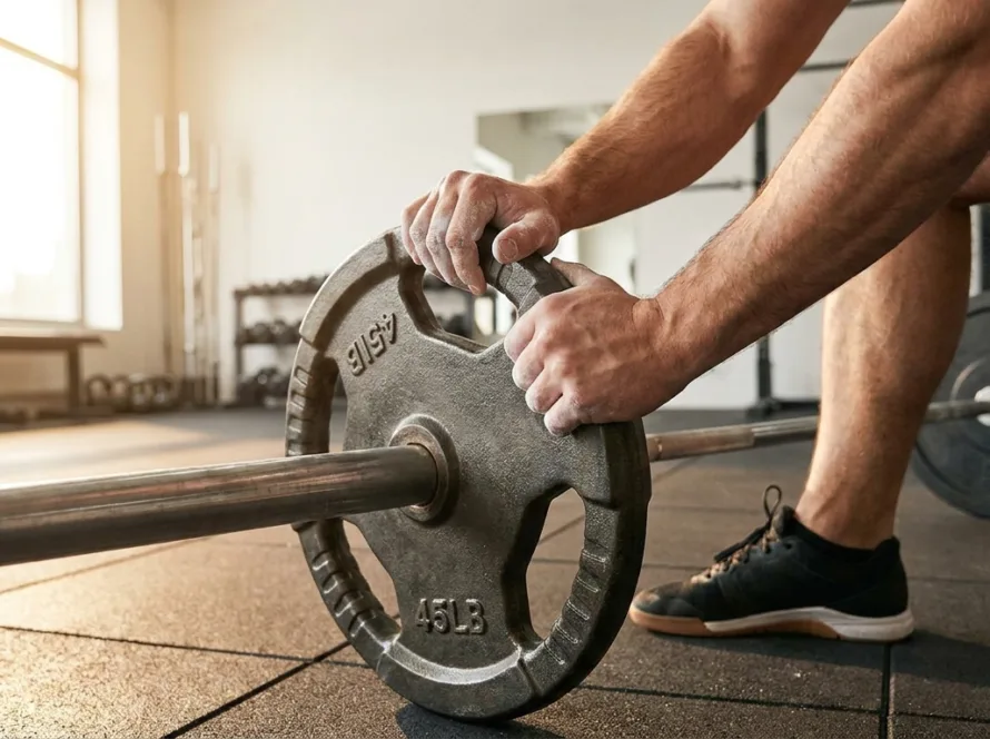 Persona aplicando la sobrecarga progresiva al cargar un disco en la barra del gimnasio