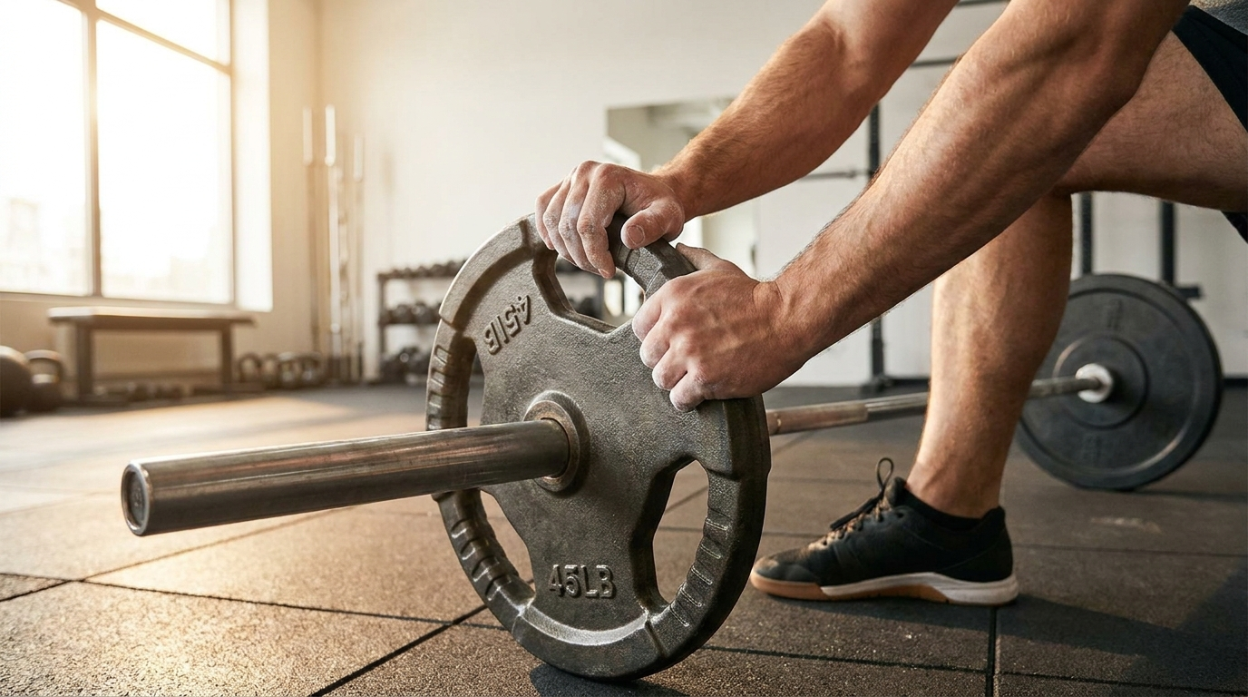 Persona aplicando la sobrecarga progresiva al cargar un disco en la barra del gimnasio