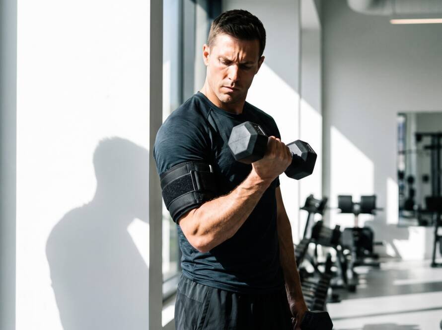 Entrenamiento de oclusión (BFR): persona entrenando el bíceps con un manguito de restricción del flujo sanguíneo en un gimnasio