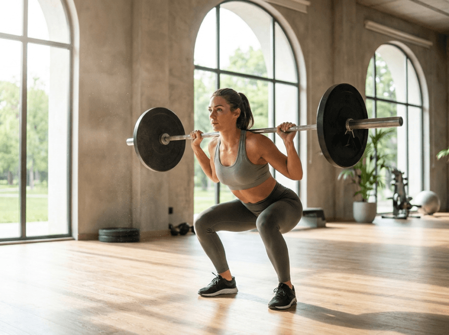 Persona haciendo sentadilla con barra que ilustra las guías del ACSM 2026 de entrenamiento de fuerza