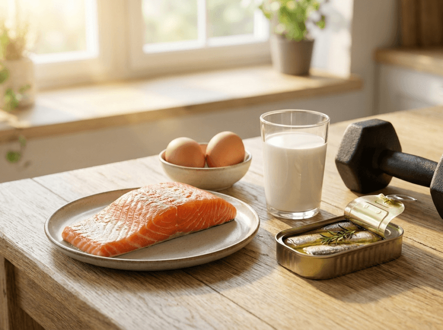 Alimentos ricos en vitamina D (salmón, huevos, sardinas y leche) junto a una mancuerna sobre una mesa con luz de sol