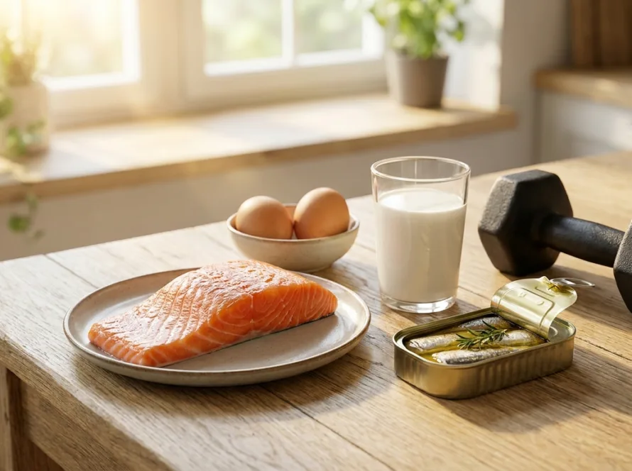 Alimentos ricos en vitamina D (salmón, huevos, sardinas y leche) junto a una mancuerna sobre una mesa con luz de sol