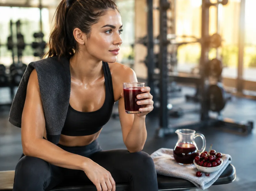 Deportista bebiendo zumo de cereza ácida (tart cherry) tras entrenar en el gimnasio