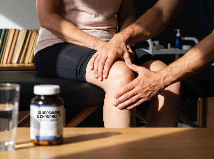 Fisioterapeuta examinando la rodilla de un paciente junto a un bote de cápsulas de glucosamina y condroitina