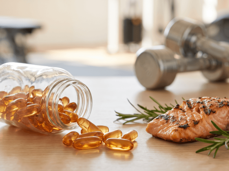 Cápsulas de omega-3 junto a un filete de salmón, sobre una mesa de madera con un gimnasio desenfocado al fondo