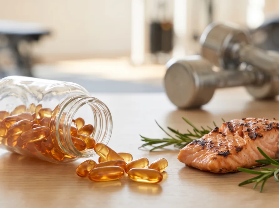 Cápsulas de omega-3 junto a un filete de salmón, sobre una mesa de madera con un gimnasio desenfocado al fondo