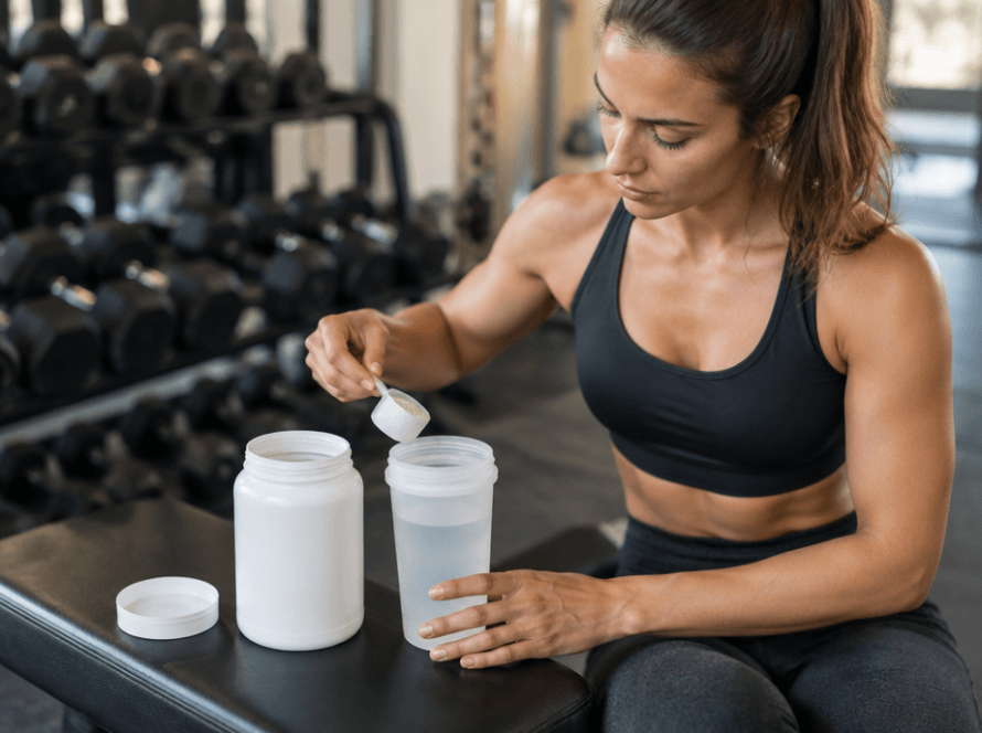 Deportista preparando un batido con BCAA en polvo antes de entrenar en el gimnasio