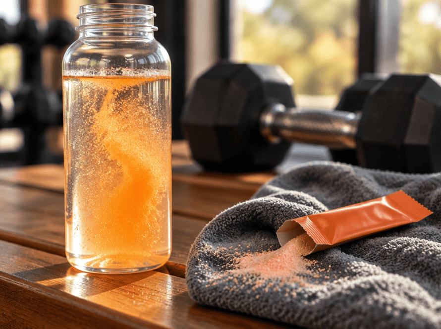 Electrolitos para deportistas: sobre de electrolitos en polvo junto a una botella de agua, sobre una toalla de gimnasio