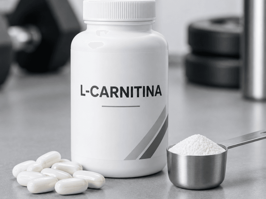 Bote de suplemento de L-carnitina con cápsulas y cuchara dosificadora sobre superficie de gimnasio