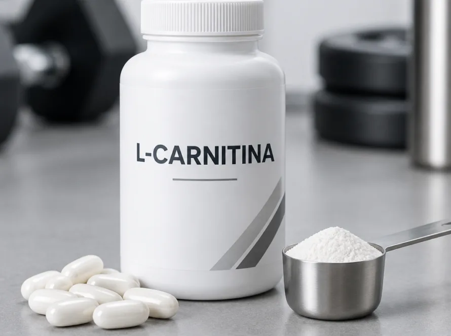 Bote de suplemento de L-carnitina con cápsulas y cuchara dosificadora sobre superficie de gimnasio