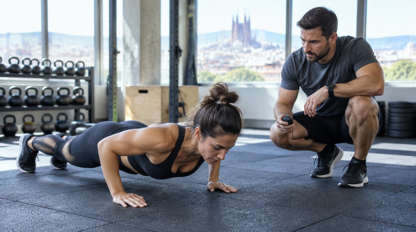 Burpees en un gimnasio de Barcelona: una mujer baja al suelo en posición de plancha mientras un entrenador personal revisa la alineación de cadera y hombros con un cronómetro en la mano