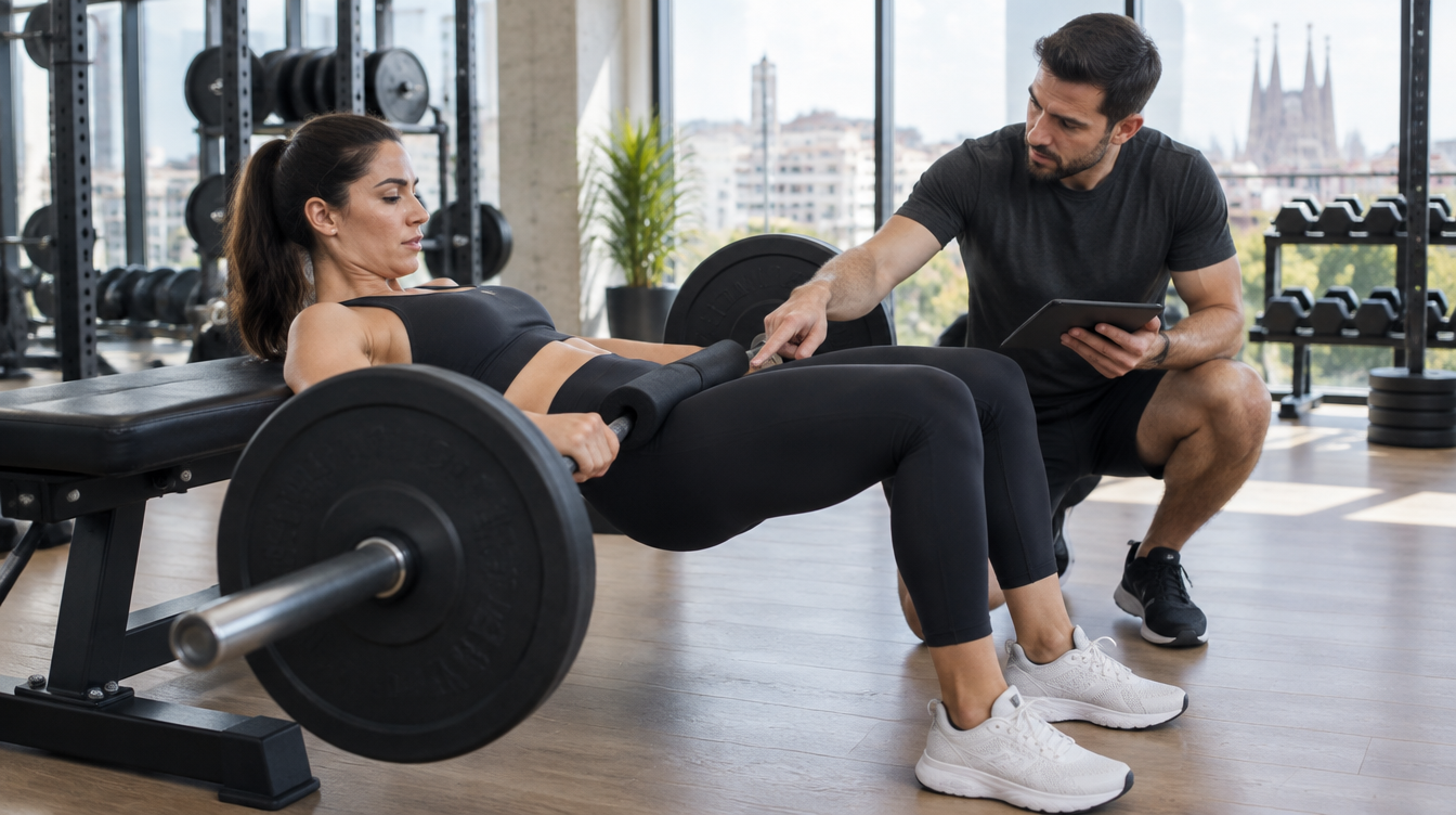 Hip thrust con barra: una mujer sube la cadera con la espalda apoyada en un banco mientras un entrenador personal le señala la línea de la cadera en un gimnasio de Barcelona