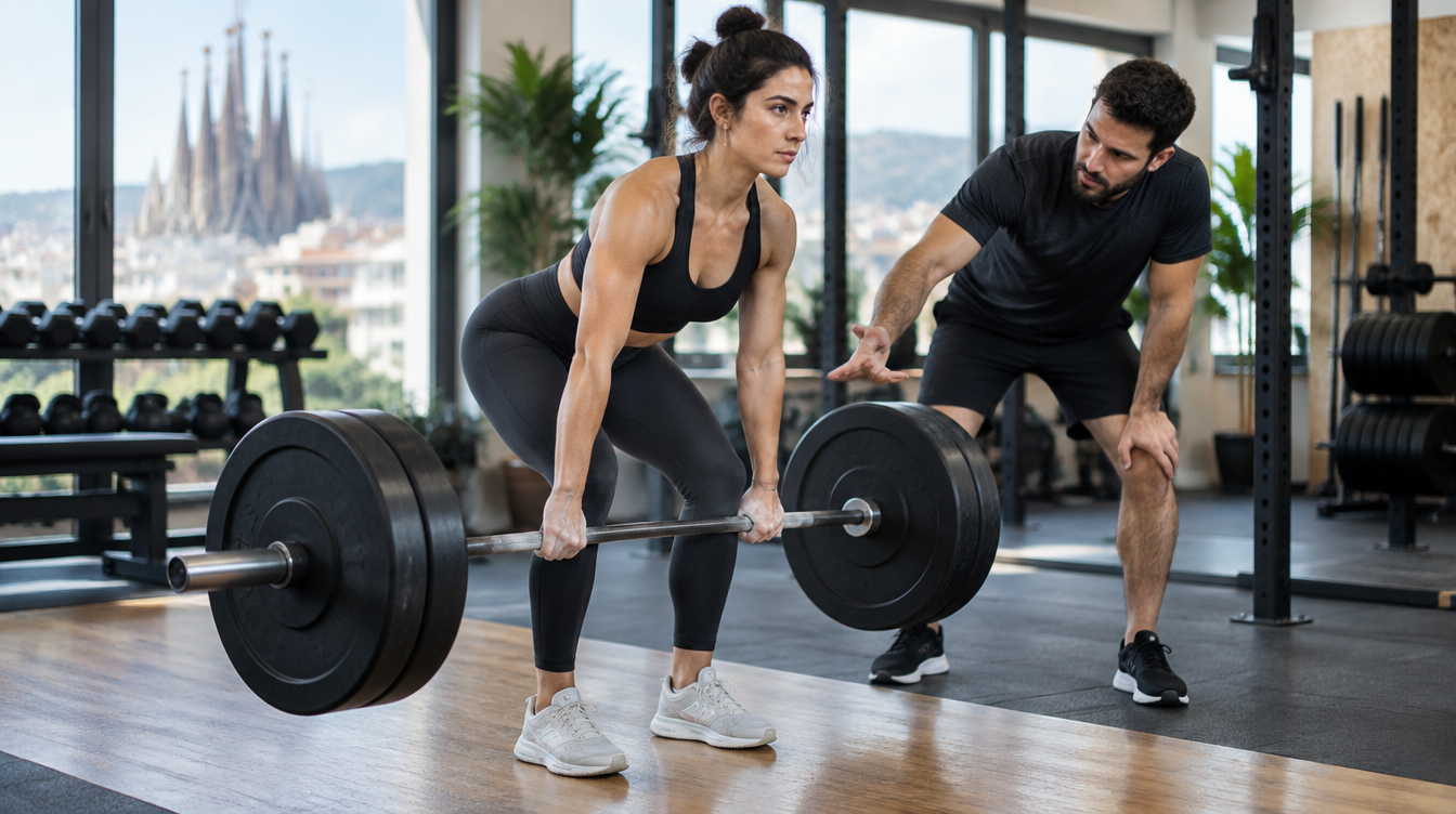 Peso muerto convencional: una mujer levanta la barra desde el suelo con la espalda neutra mientras un entrenador personal le corrige la posición en un gimnasio de Barcelona