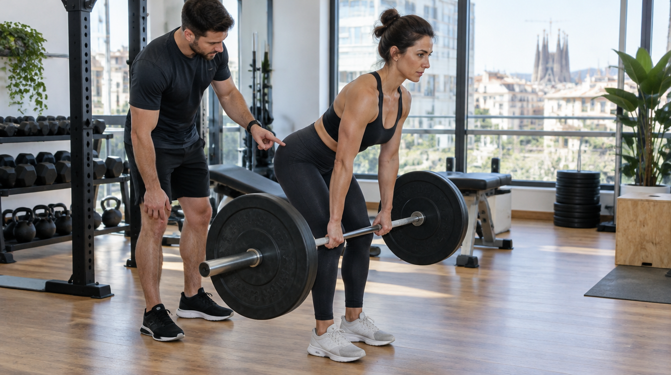 Peso muerto rumano con barra: una mujer baja la barra pegada a los muslos con la cadera hacia atrás y la espalda recta mientras un entrenador personal le corrige la posición en un gimnasio de Barcelona
