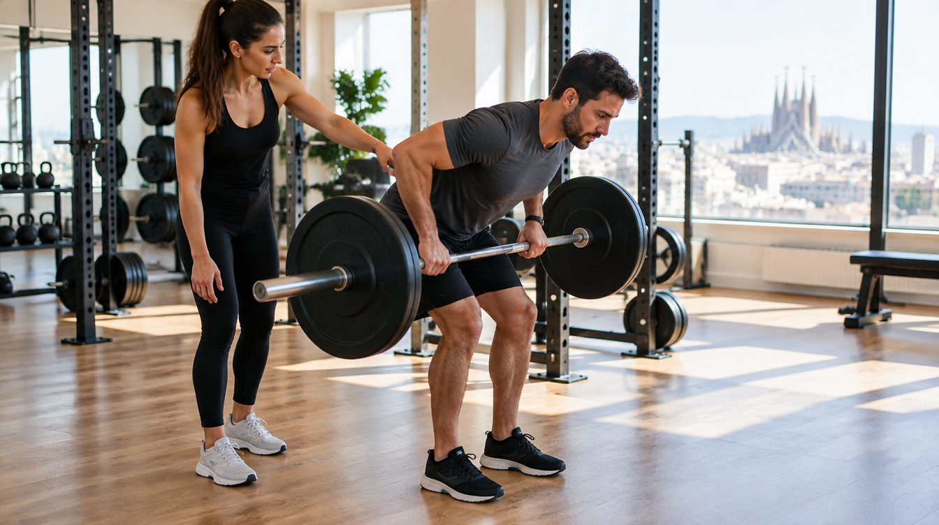 Remo con barra: un hombre inclina el tronco y sube la barra hacia el abdomen mientras una entrenadora personal le revisa la posición de la espalda en un gimnasio de Barcelona