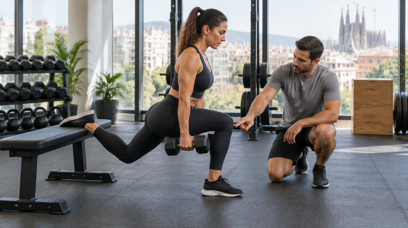 Sentadilla búlgara con mancuernas: una mujer apoya el pie trasero en un banco y baja la rodilla mientras un entrenador personal le corrige la posición de la rodilla delantera en un gimnasio de Barcelona