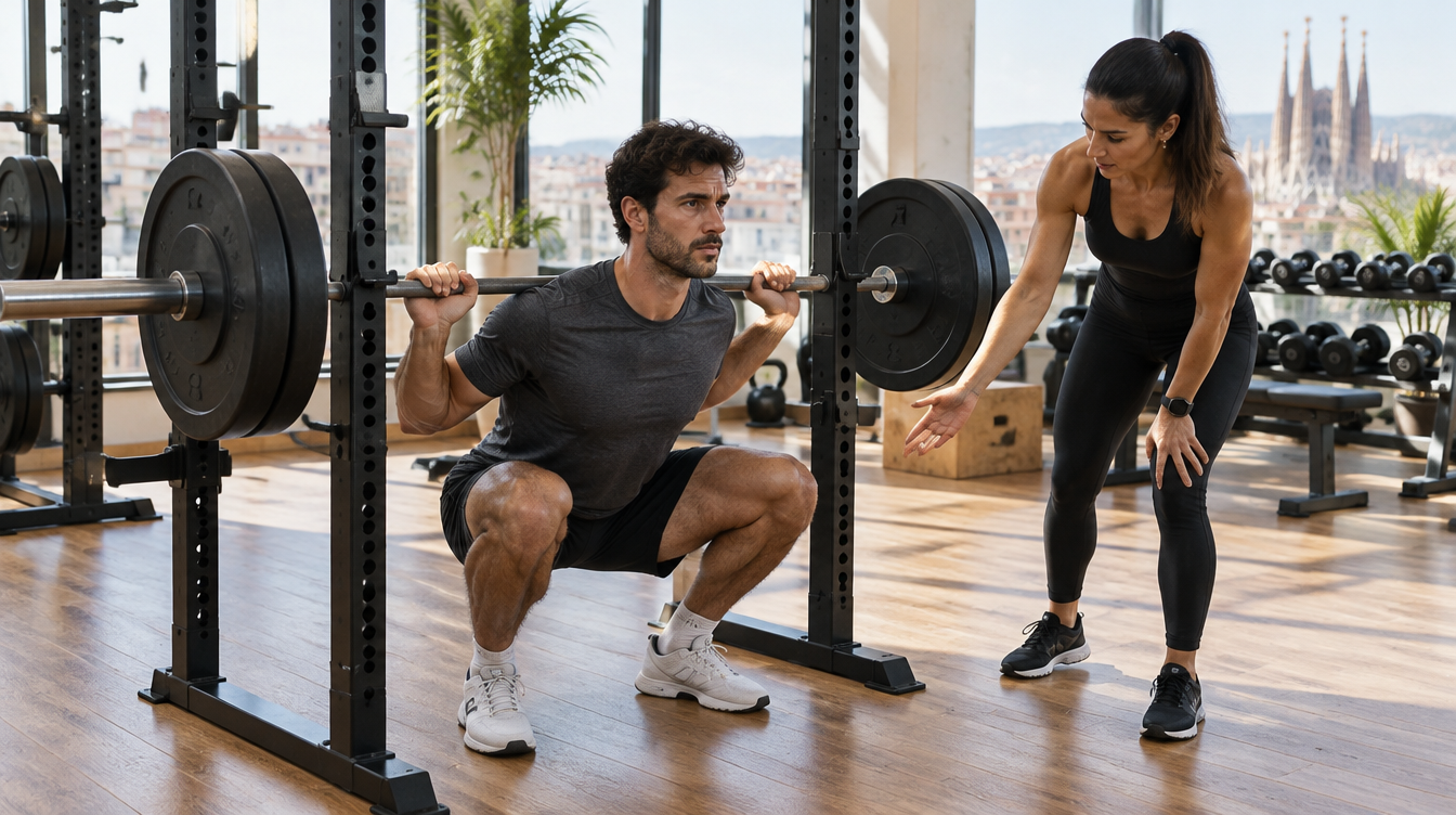Sentadilla con barra: un hombre baja en sentadilla profunda dentro de un rack mientras una entrenadora personal le revisa la posición de cadera y rodillas en un gimnasio de Barcelona