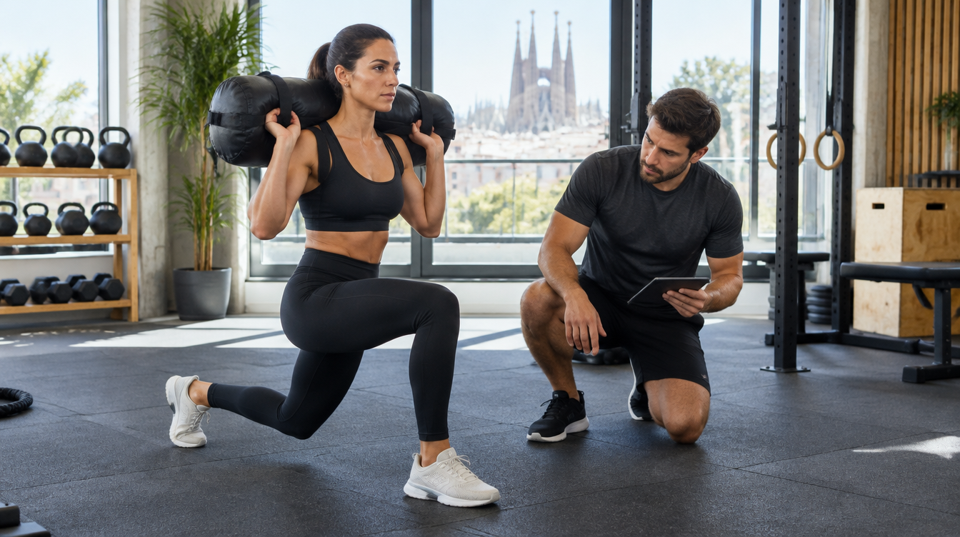 Zancadas caminando con saco de arena en un gimnasio de Barcelona: una mujer baja la rodilla de atrás hacia el suelo mientras un entrenador personal revisa la alineación de su rodilla delantera